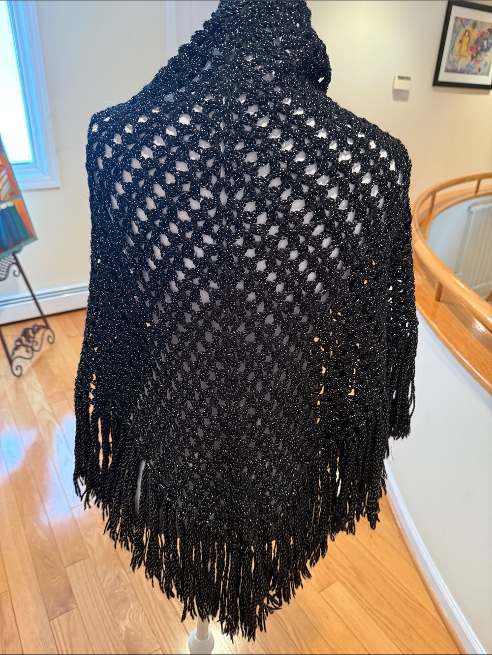 Handmade Black Crochet Fringe Shawl Black with silver shimmer Stunning Piece
